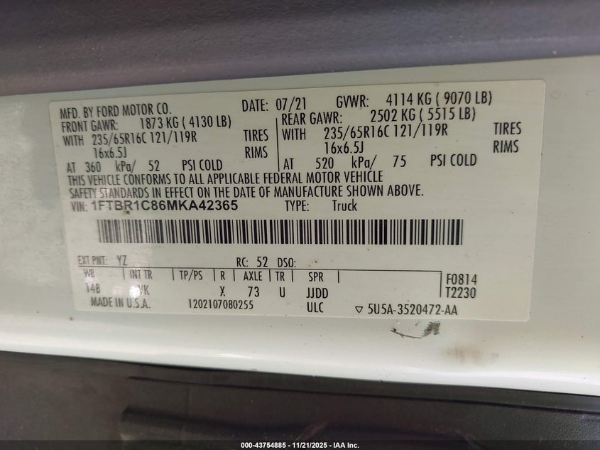 2021 Ford Transit-250 VIN: 1FTBR1C86MKA42365 Lot: 43754885