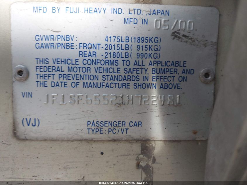 2002 Subaru Forester VIN: JF1SF655218722481 Lot: 43754897