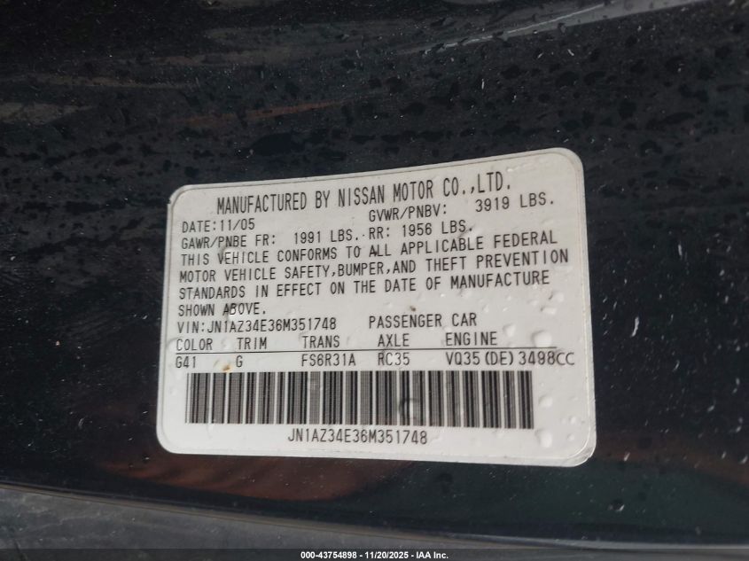 2006 Nissan 350Z Grand Touring VIN: JN1AZ34E36M351748 Lot: 43754898