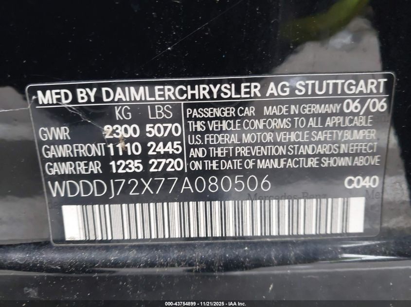 2007 Mercedes-Benz Cls 550 VIN: WDDDJ72X77A080506 Lot: 43754899