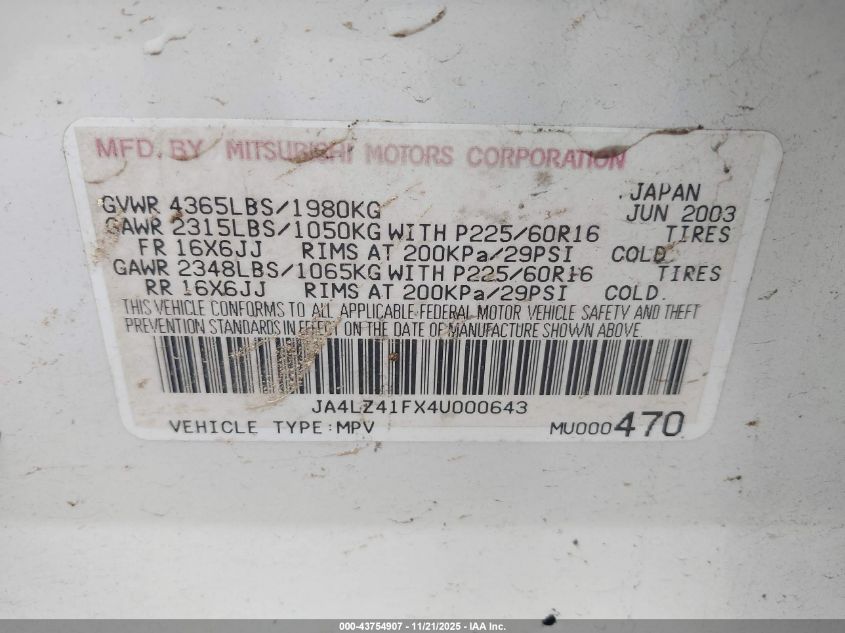 2004 Mitsubishi Outlander Xls VIN: JA4LZ41FX4U000643 Lot: 43754907