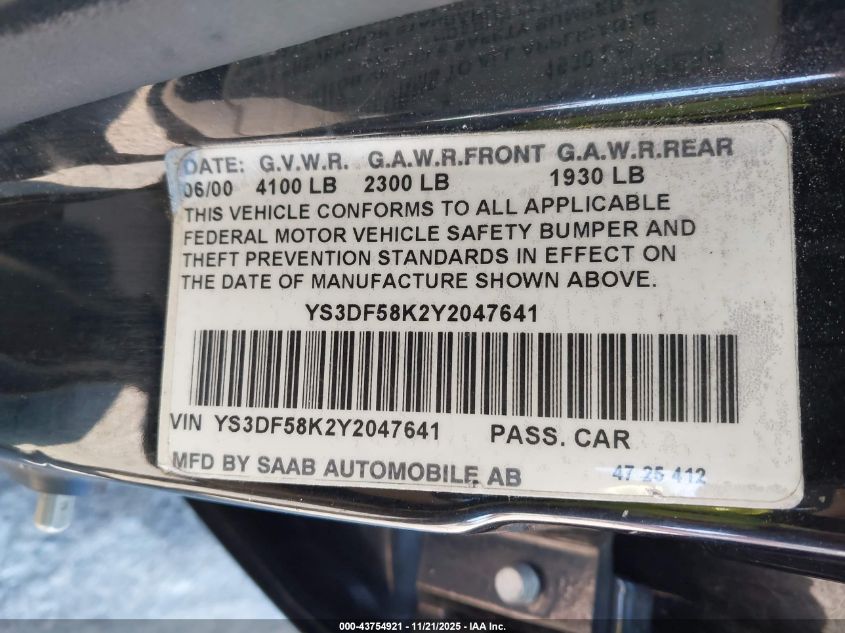 2000 Saab 9-3 Se VIN: YS3DF58K2Y2047641 Lot: 43754921