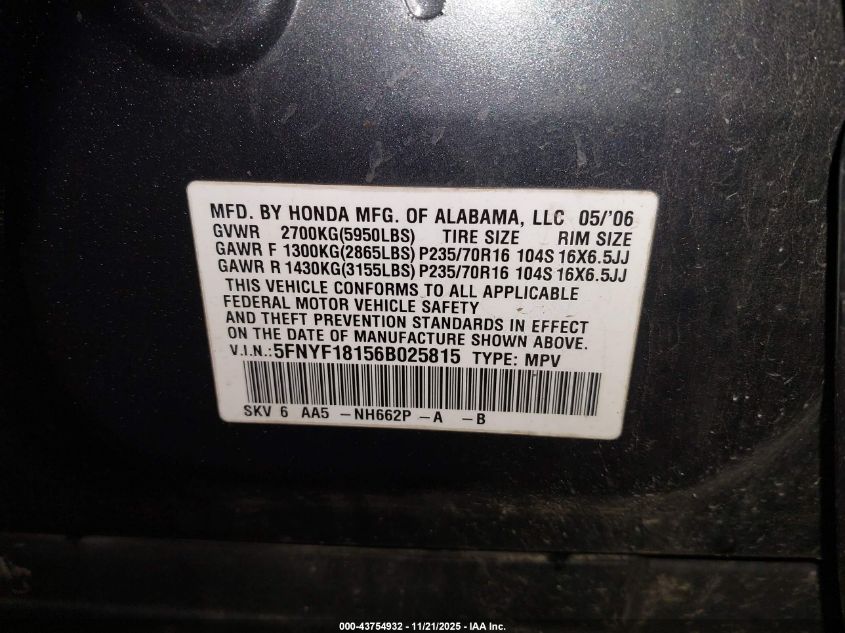 2006 Honda Pilot Lx VIN: 5FNYF18156B025815 Lot: 43754932