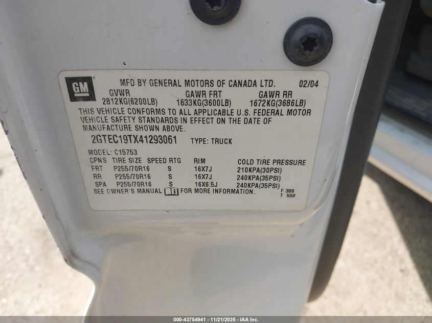 2004 GMC Sierra 1500 Sle VIN: 2GTEC19TX41293061 Lot: 43754941