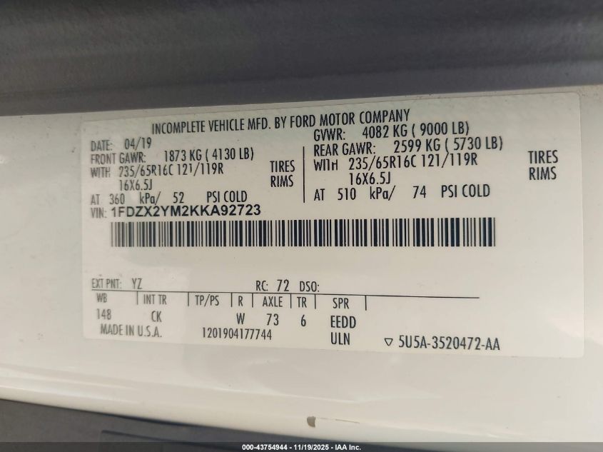 2019 Ford Transit-350 Xlt VIN: 1FDZX2YM2KKA92723 Lot: 43754944