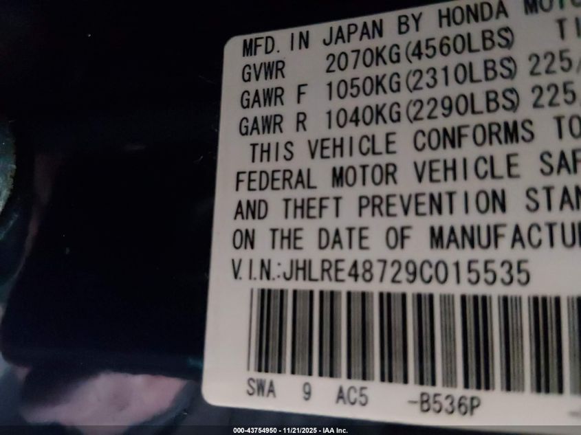 2009 Honda Cr-V Ex-L VIN: JHLRE48729C015535 Lot: 43754950