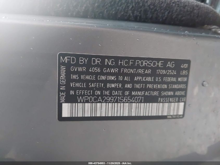 2001 Porsche 911 Carrera/Carrera 4 VIN: WP0CA29971S654071 Lot: 43754953