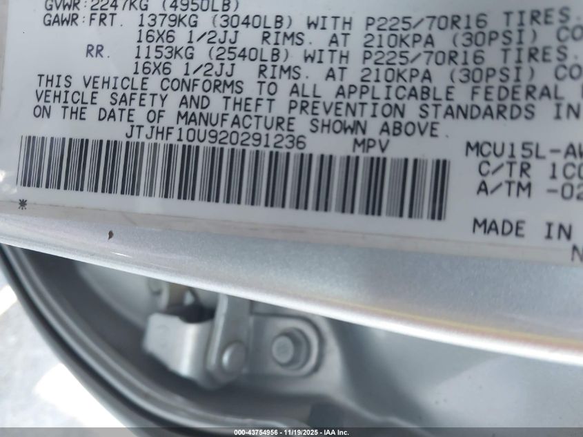 2002 Lexus Rx 300 VIN: JTJHF10U920291236 Lot: 43754956