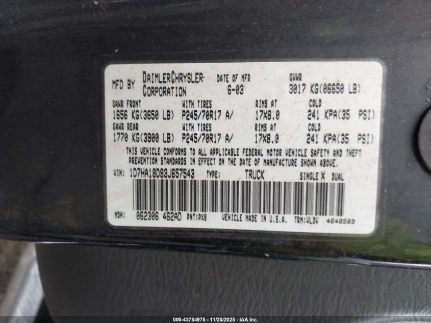 2003 Dodge Ram 1500 Slt/Laramie/St VIN: 1D7HA18D93J657543 Lot: 43754975