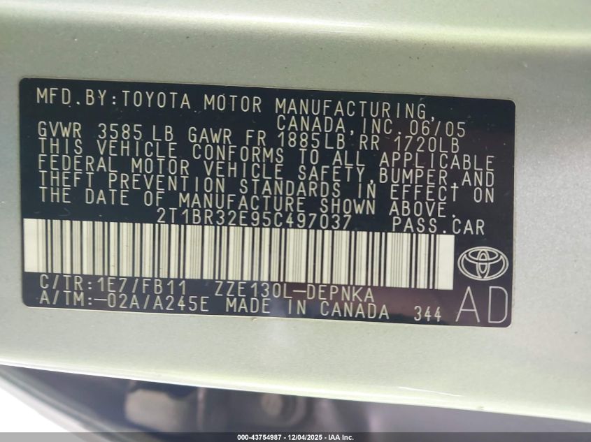 2005 Toyota Corolla Le VIN: 2T1BR32E95C497037 Lot: 43754987