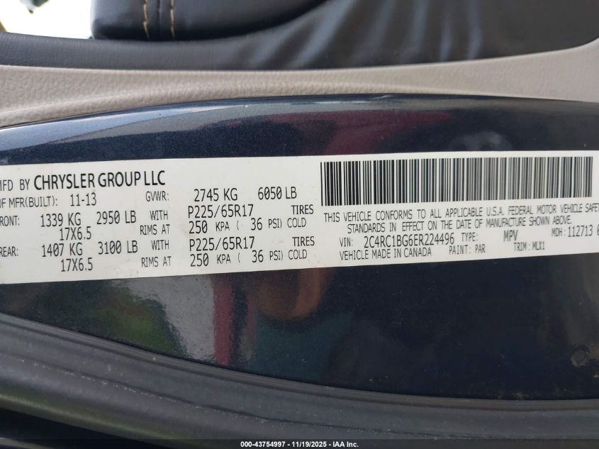 2014 Chrysler Town & Country Touring VIN: 2C4RC1BG6ER224496 Lot: 43754997