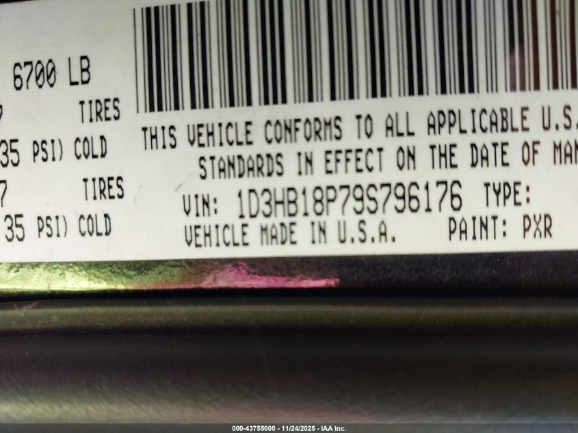 2009 Dodge Ram 1500 Slt/Sport/Trx VIN: 1D3HB18P79S796176 Lot: 43755000