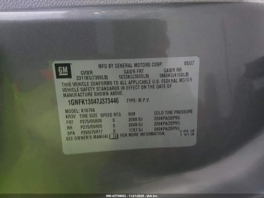 2007 Chevrolet Tahoe Ltz VIN: 1GNFK13047J373446 Lot: 43755002