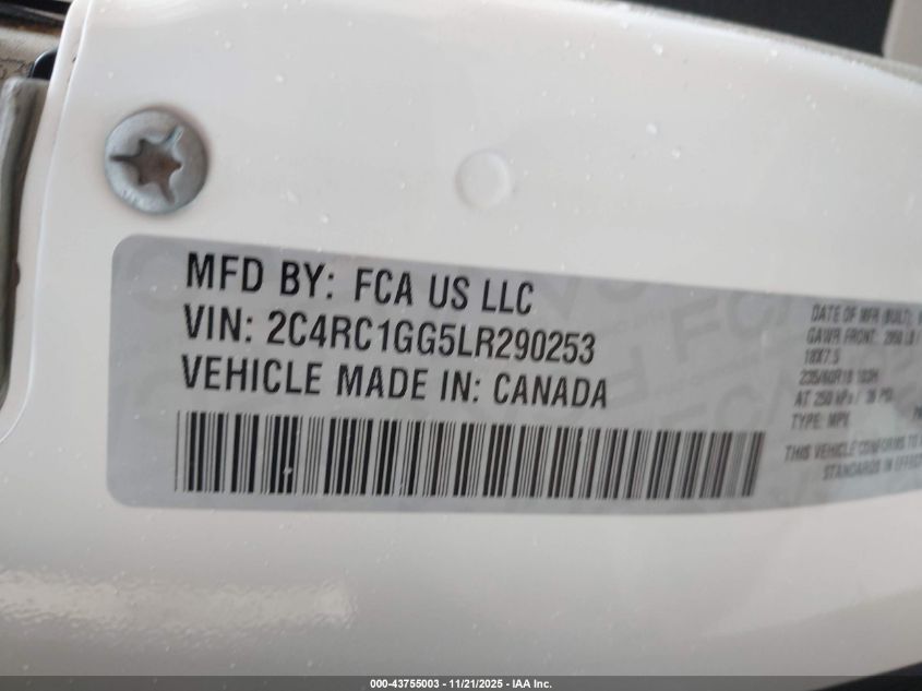 2020 Chrysler Pacifica Limited VIN: 2C4RC1GG5LR290253 Lot: 43755003