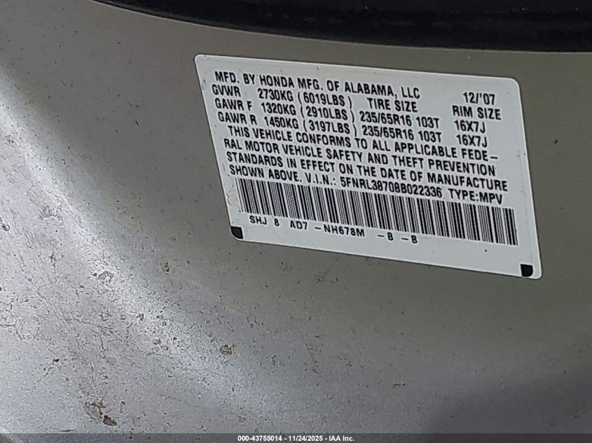 2008 Honda Odyssey Ex-L VIN: 5FNRL38708B022336 Lot: 43755014