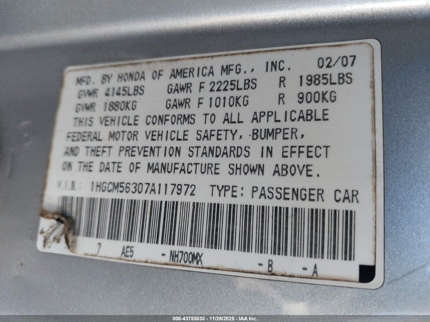 2007 Honda Accord 2.4 Se VIN: 1HGCM56307A117972 Lot: 43755030