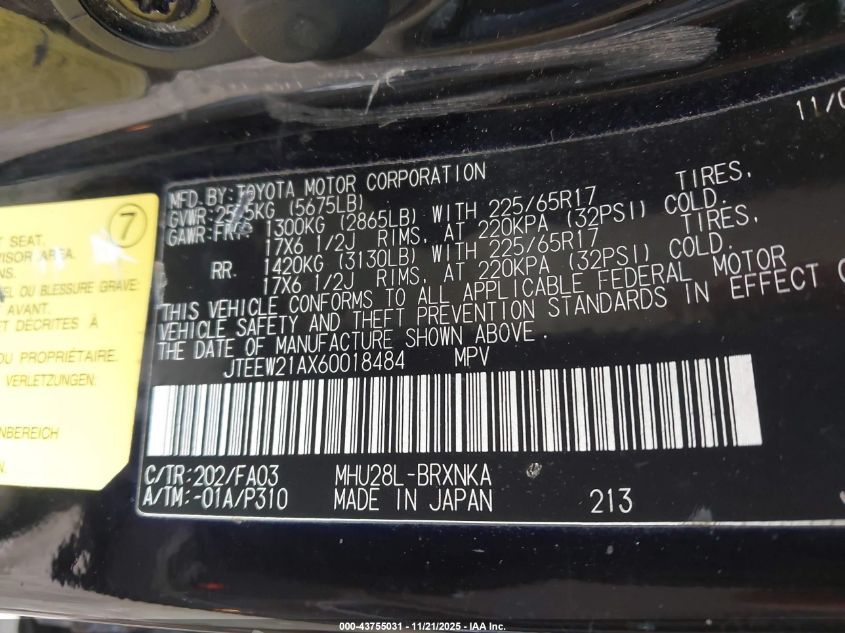 2006 Toyota Highlander Hybrid V6 VIN: JTEEW21AX60018484 Lot: 43755031