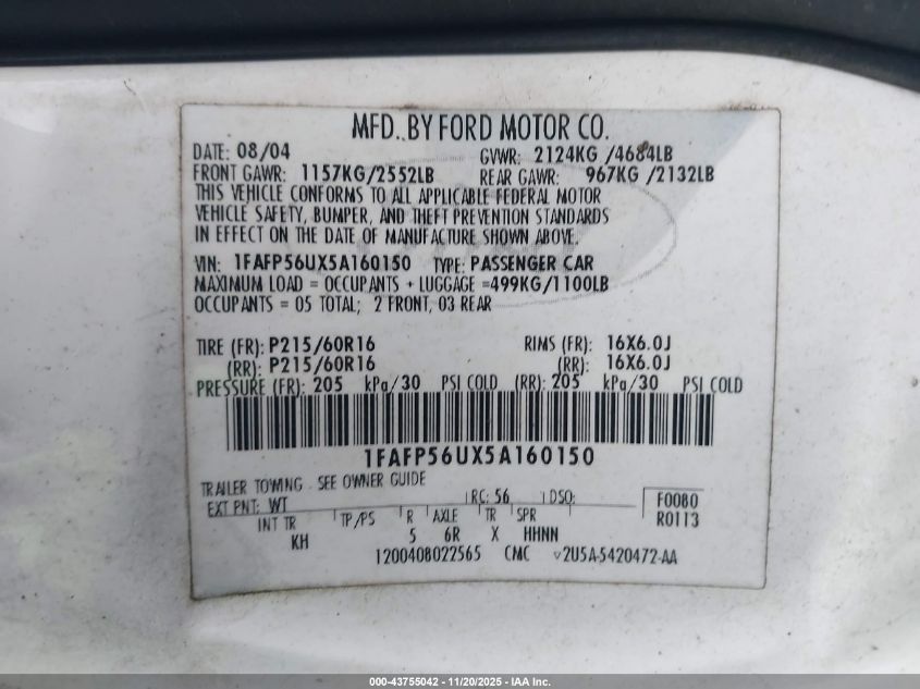 2005 Ford Taurus Sel VIN: 1FAFP56UX5A160150 Lot: 43755042