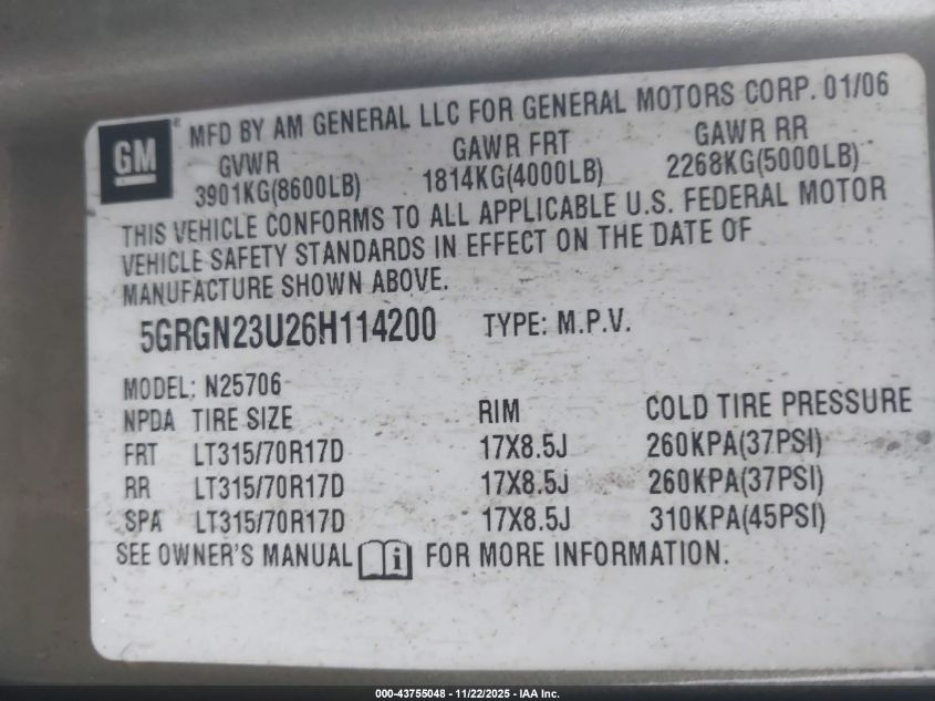 2006 Hummer H2 Suv VIN: 5GRGN23U26H114200 Lot: 43755048