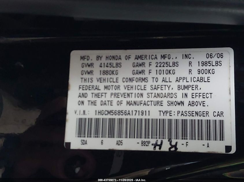 2006 Honda Accord 2.4 Ex VIN: 1HGCM56856A171911 Lot: 43755073
