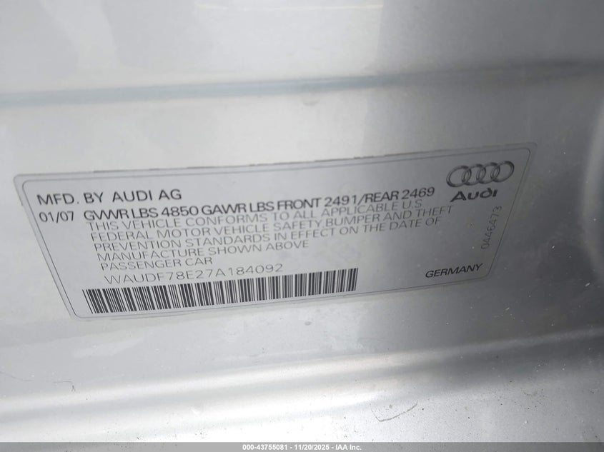 2007 Audi A4 2.0T VIN: WAUDF78E27A184092 Lot: 43755081