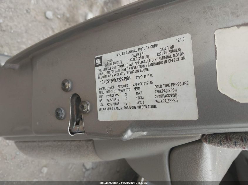 2001 Chevrolet Blazer Lt VIN: 1GNCS13WX12224984 Lot: 43755083