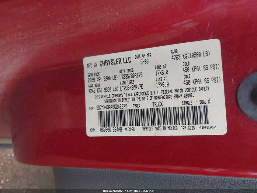 2008 Dodge Ram 3500 Laramie VIN: 3D7MX49A48G242979 Lot: 43755092
