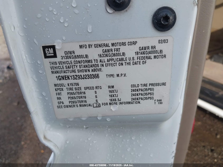 2003 Chevrolet Tahoe Lt VIN: 1GNEK13Z93J230366 Lot: 43755096