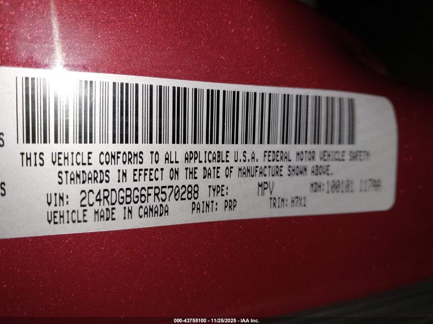 2015 Dodge Grand Caravan American Value Pkg VIN: 2C4RDGBG6FR570288 Lot: 43755100