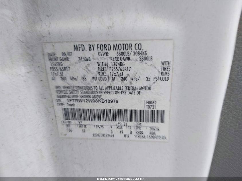 2008 Ford F-150 Xl VIN: 1FTRW12W98KB18979 Lot: 43755125
