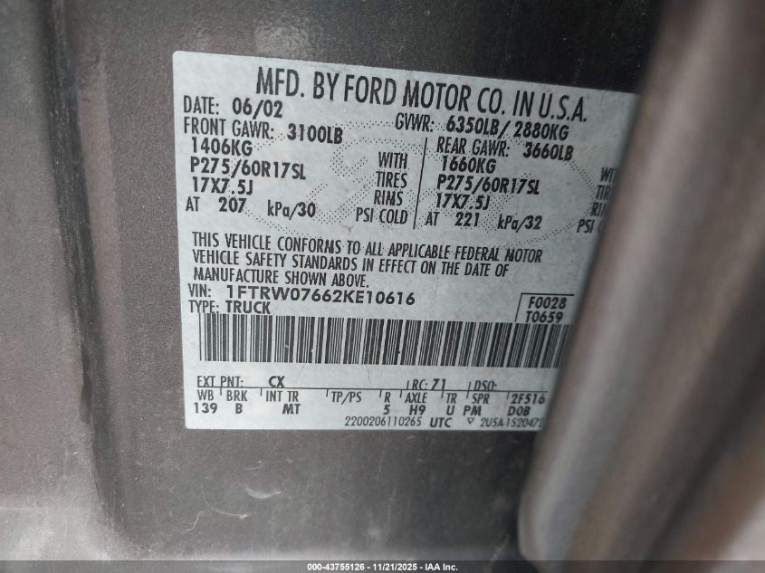 2002 Ford F-150 Lariat/Xlt VIN: 1FTRW07662KE10616 Lot: 43755126