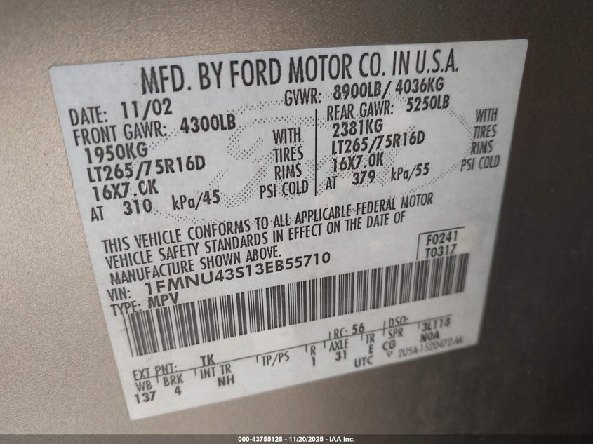 2003 Ford Excursion Limited VIN: 1FMNU43S13EB55710 Lot: 43755128