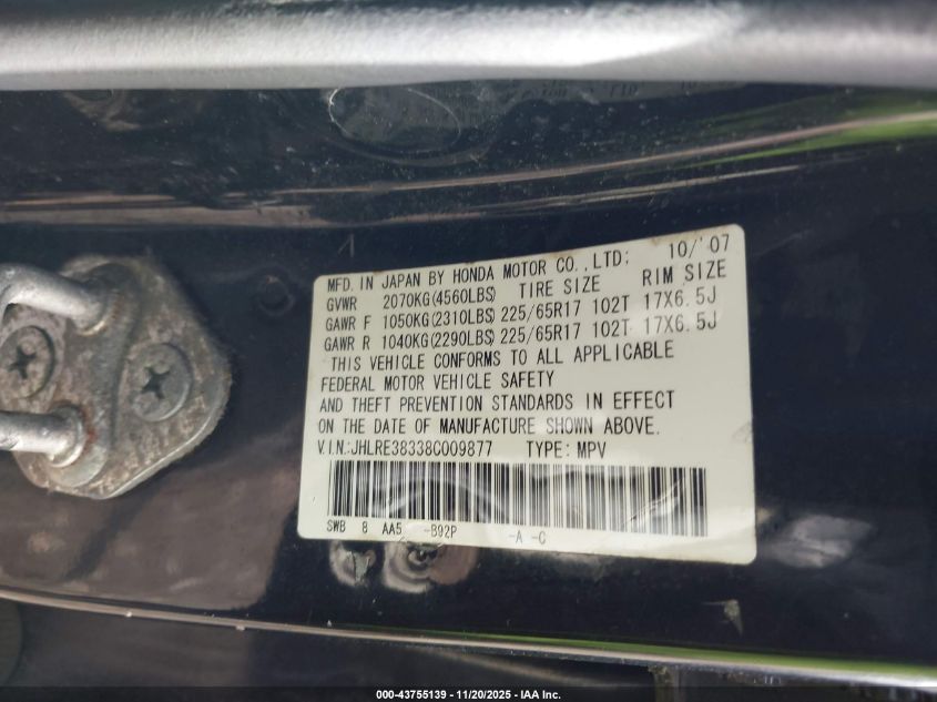 2008 Honda Cr-V Lx VIN: JHLRE38338C009877 Lot: 43755139