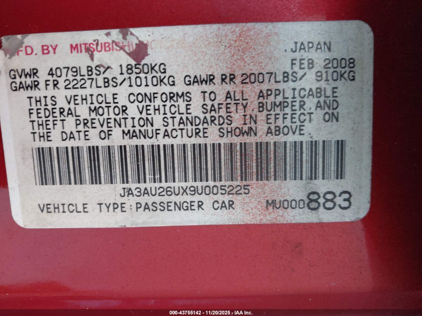 2009 Mitsubishi Lancer Es/Es-Sport VIN: JA3AU26UX9U005225 Lot: 43755142