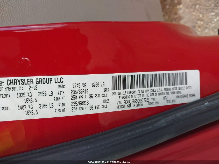 2012 Dodge Grand Caravan Se/Avp VIN: 2C4RDGBG9CR277626 Lot: 43755159