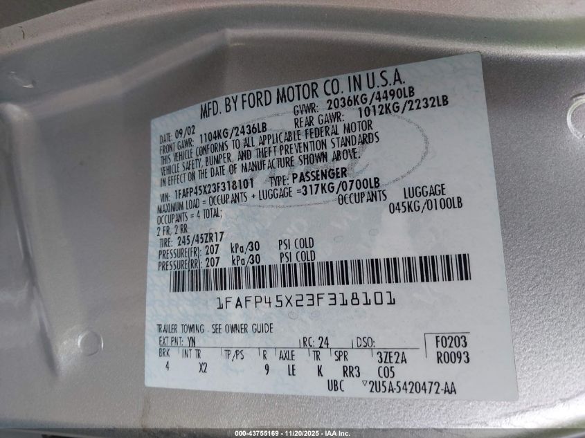 2003 Ford Mustang Gt VIN: 1FAFP45X23F318101 Lot: 43755169