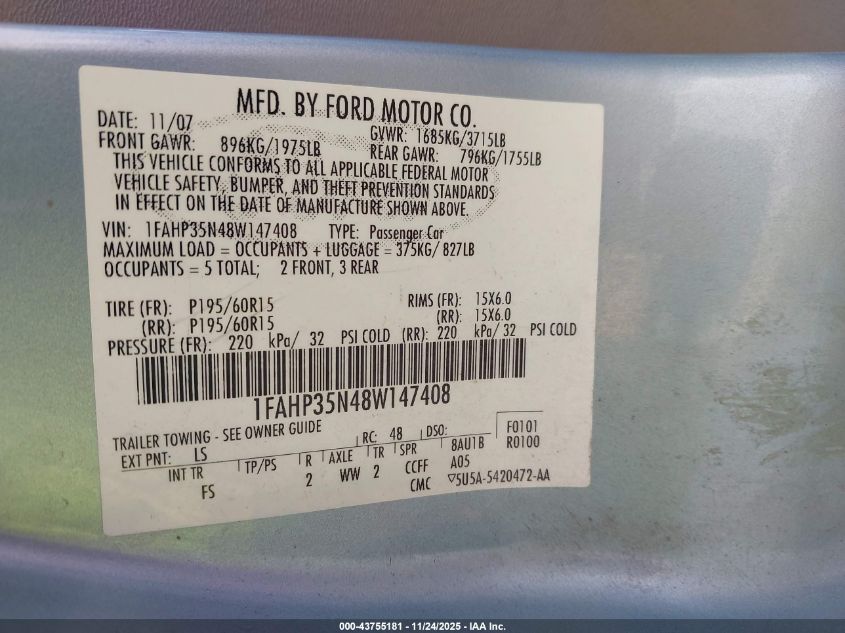 2008 Ford Focus Se/Ses VIN: 1FAHP35N48W147408 Lot: 43755181