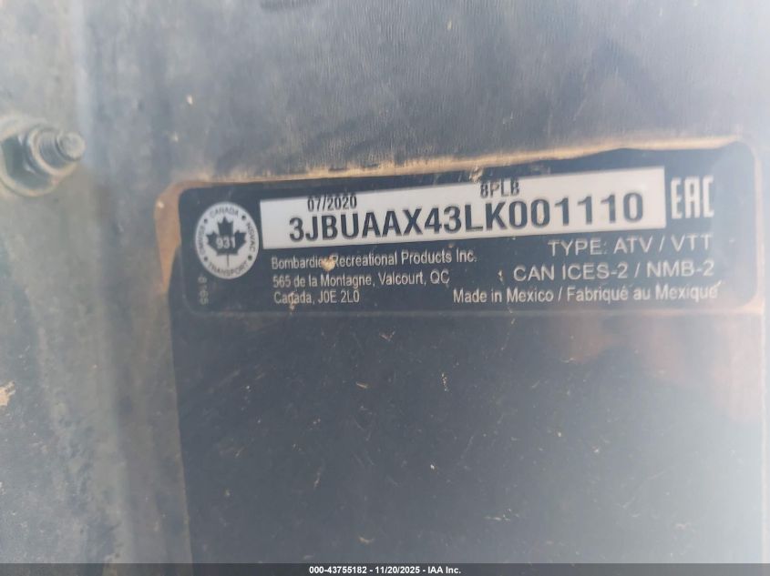 2020 Can-Am Defender Max X Mr Hd10 VIN: 3JBUAAX43LK001110 Lot: 43755182