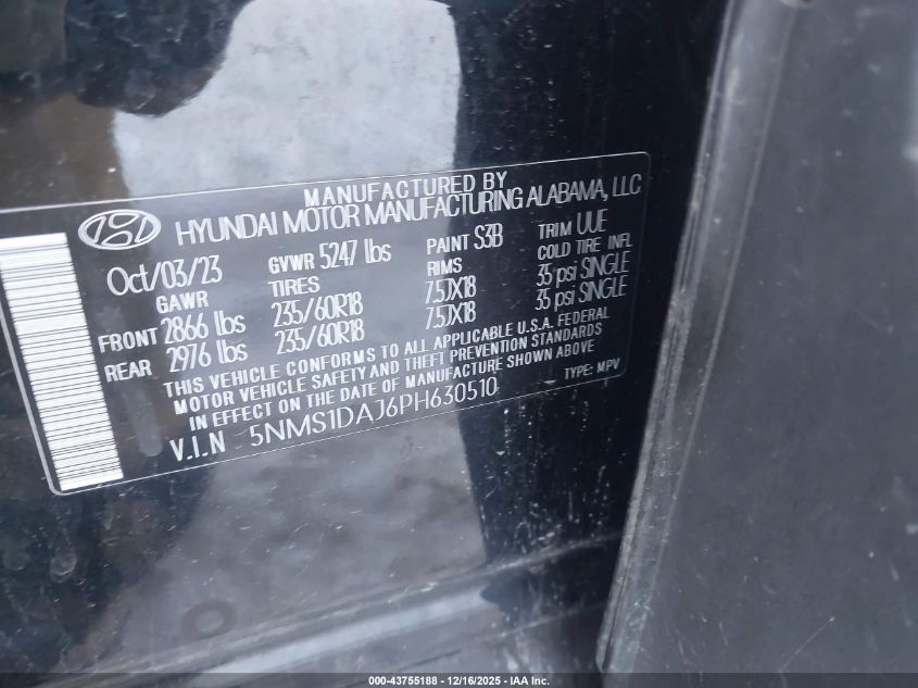 2023 Hyundai Santa Fe Se VIN: 5NMS1DAJ6PH630510 Lot: 43755188