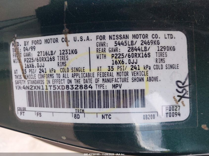 1999 Nissan Quest Gle/Gxe/Se VIN: 4N2XN11T5XD832884 Lot: 43755189