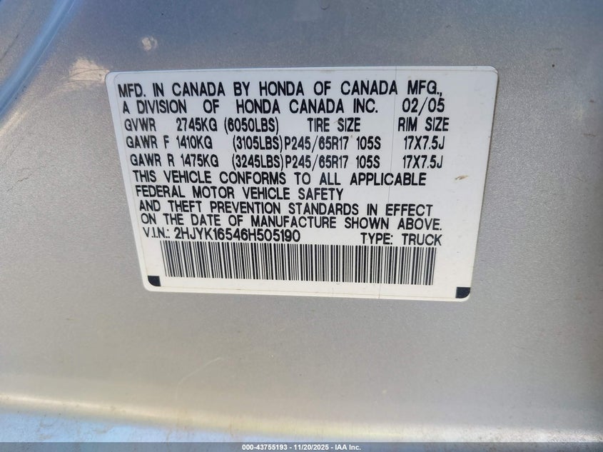 2006 Honda Ridgeline Rtl VIN: 2HJYK16546H505190 Lot: 43755193