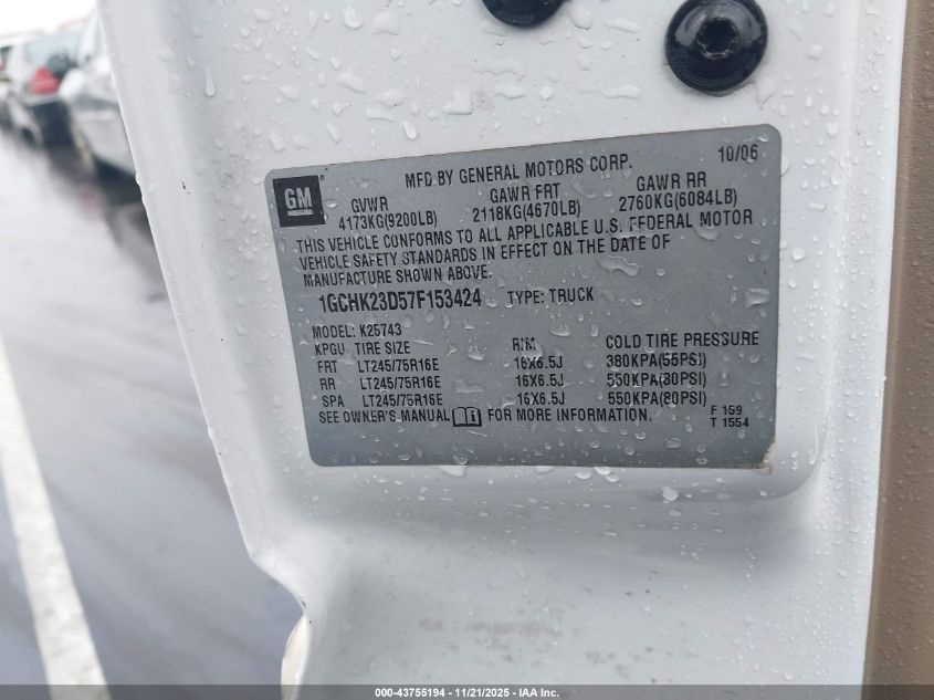 2007 Chevrolet Silverado 2500Hd Classic Lt3 VIN: 1GCHK23D57F153424 Lot: 43755194