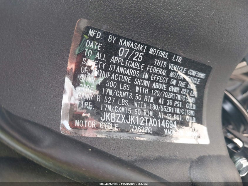 2026 Kawasaki Zx636 K VIN: JKBZXJK12TA014694 Lot: 43755196