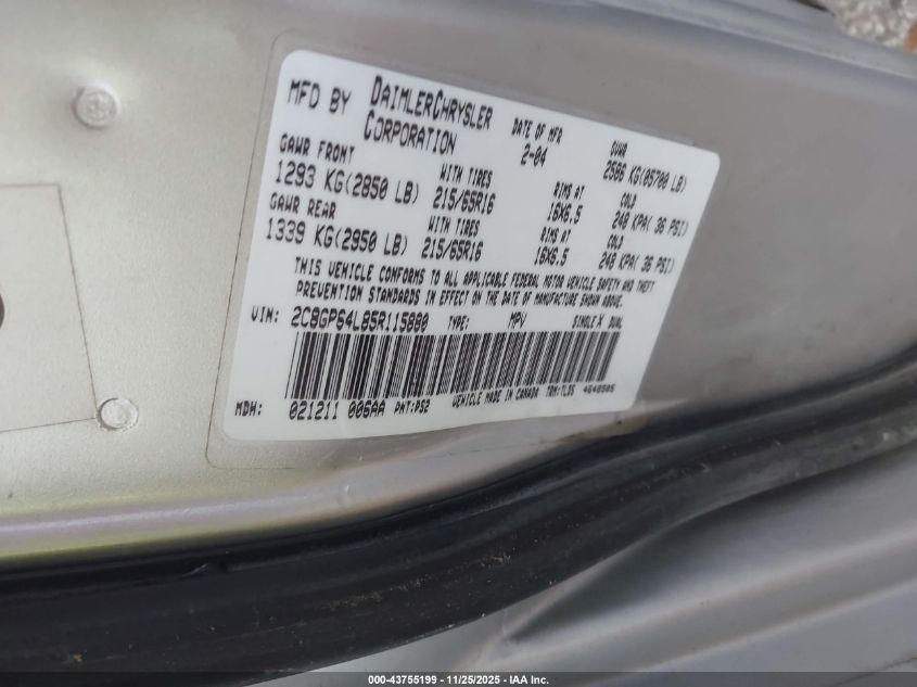 2005 Chrysler Town & Country Limited VIN: 2C8GP64L85R115880 Lot: 43755199