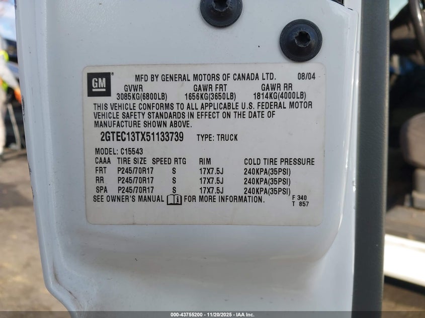 2005 GMC Sierra 1500 Sle VIN: 2GTEC13TX51133739 Lot: 43755200