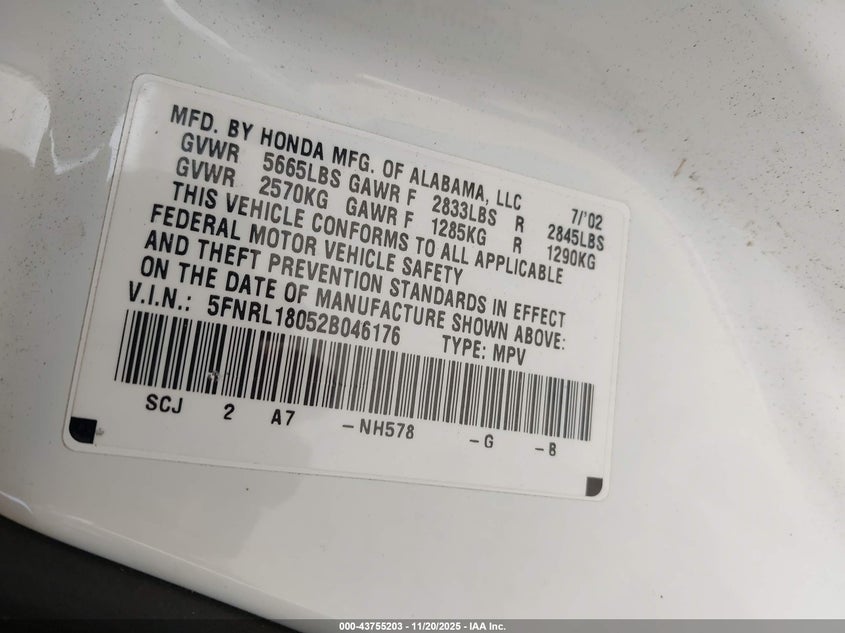 2002 Honda Odyssey Ex-L VIN: 5FNRL18052B046176 Lot: 43755203