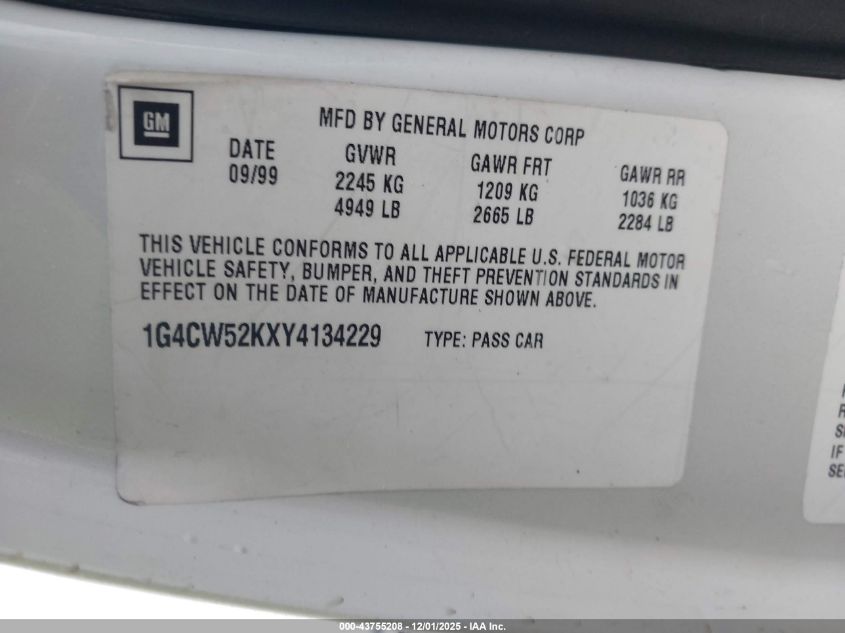 2000 Buick Park Avenue VIN: 1G4CW52KXY4134229 Lot: 43755208