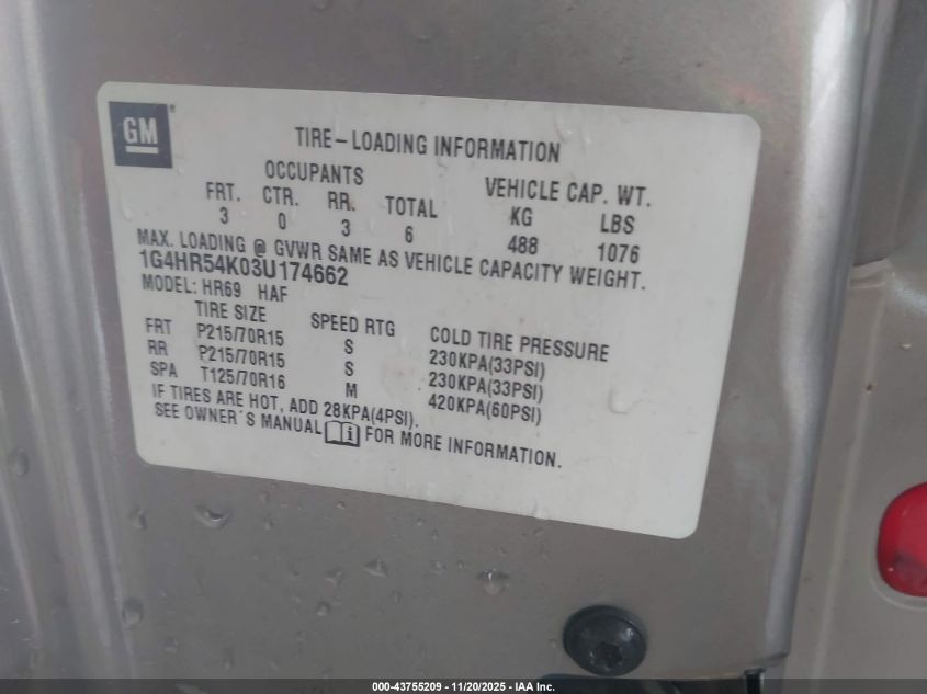 2003 Buick Lesabre Limited VIN: 1G4HR54K03U174662 Lot: 43755209