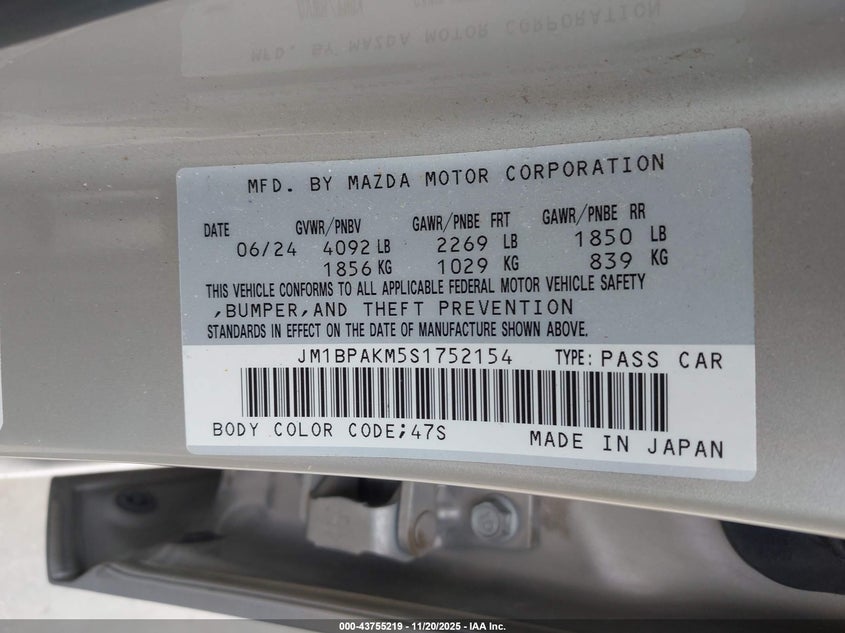 2025 Mazda Mazda3 2.5 S Select Sport VIN: JM1BPAKM5S1752154 Lot: 43755219