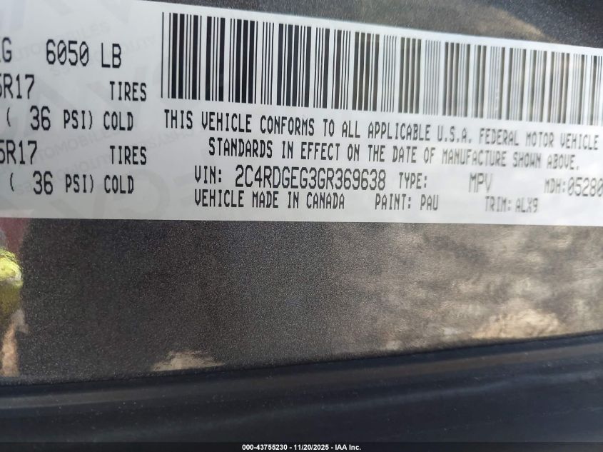 2016 Dodge Grand Caravan R/T VIN: 2C4RDGEG3GR369638 Lot: 43755230